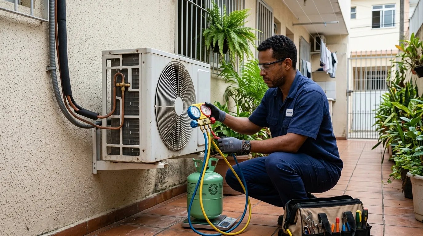 Técnico fazendo carga de gás na condensadora do ar-condicionado em Joinville‑SC