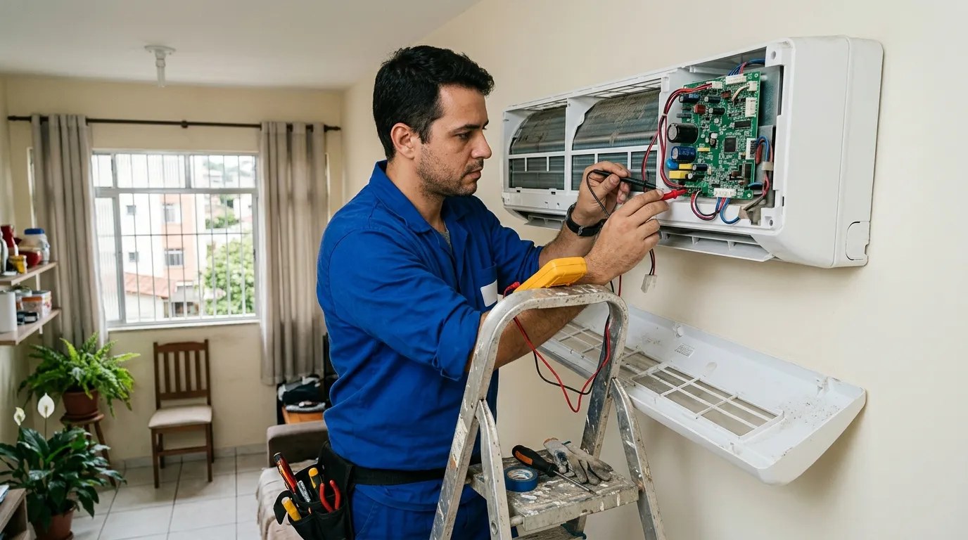 Técnico trocando a placa eletrônica de ar-condicionado split em Joinville‑SC