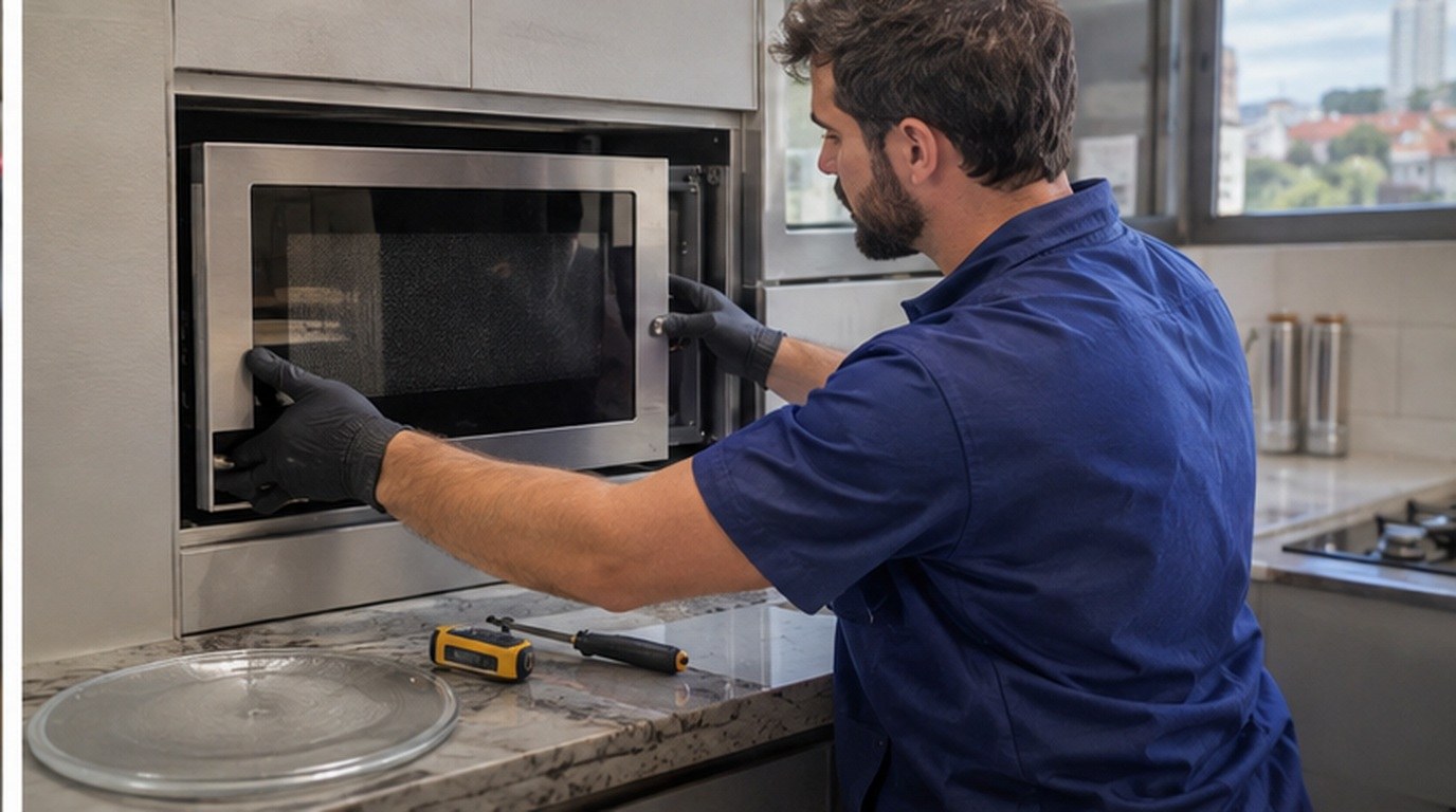 Conserto de micro-ondas de embutir em Joinville‑SC: técnico encaixando o aparelho no armário