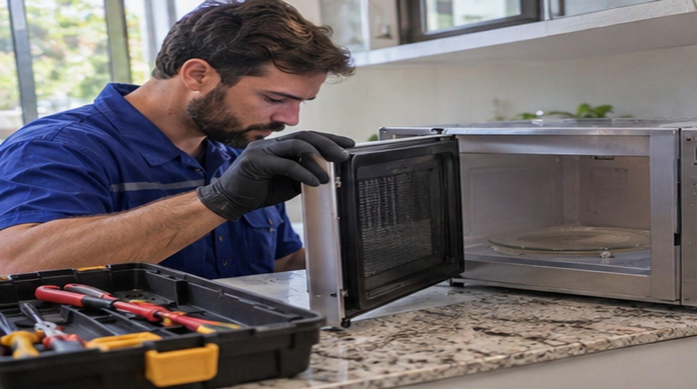 Conserto de micro-ondas em Joinville‑SC: técnico abrindo um micro-ondas de bancada