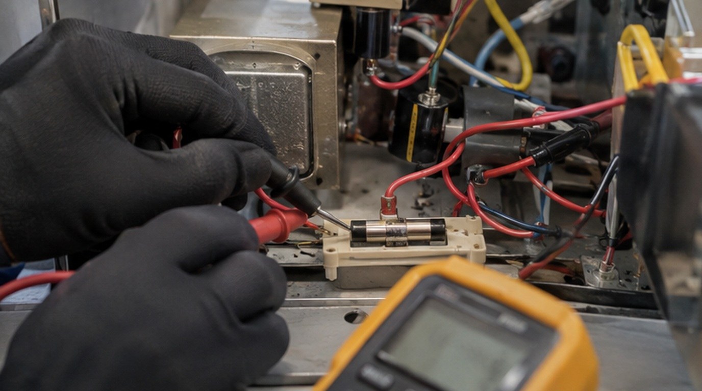 Conserto de micro-ondas em Joinville‑SC: teste do fusível e do diodo de alta tensão