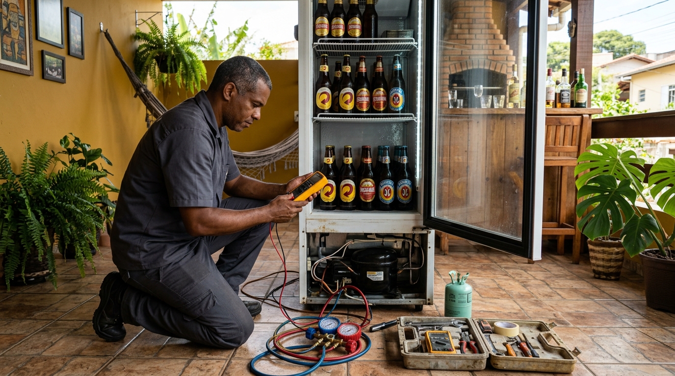 Placa eletrônica de cervejeira em reparo na bancada em Joinville‑SC