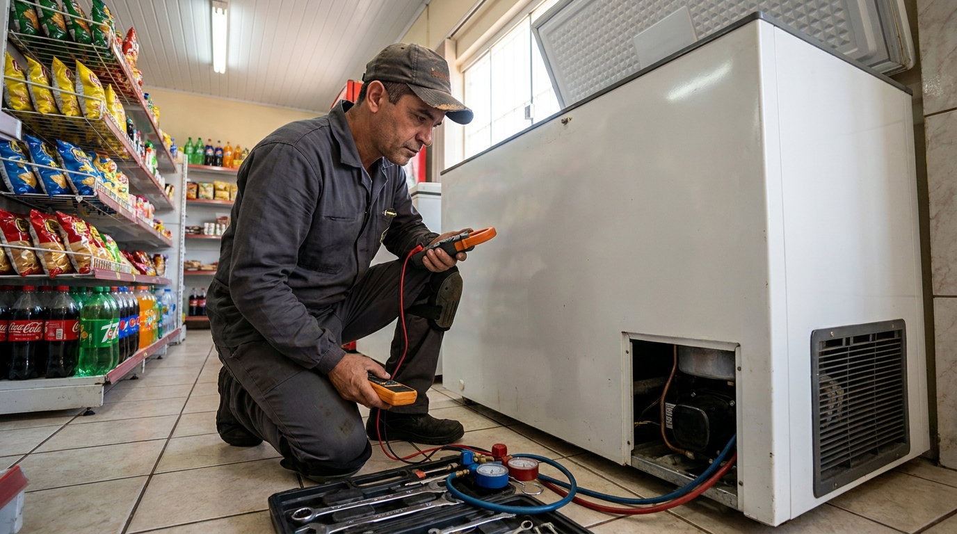 Reparo da placa eletrônica de um freezer em atendimento em Espinheiros, Joinville‑SC