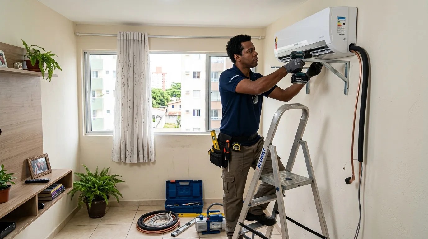 Técnico instalando ar-condicionado split em residência em Joinville‑SC