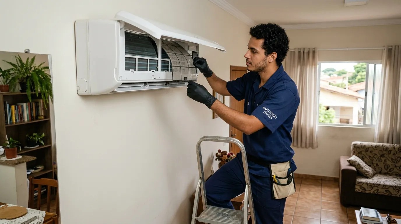 Técnico fazendo limpeza e higienização de ar-condicionado split em Joinville‑SC
