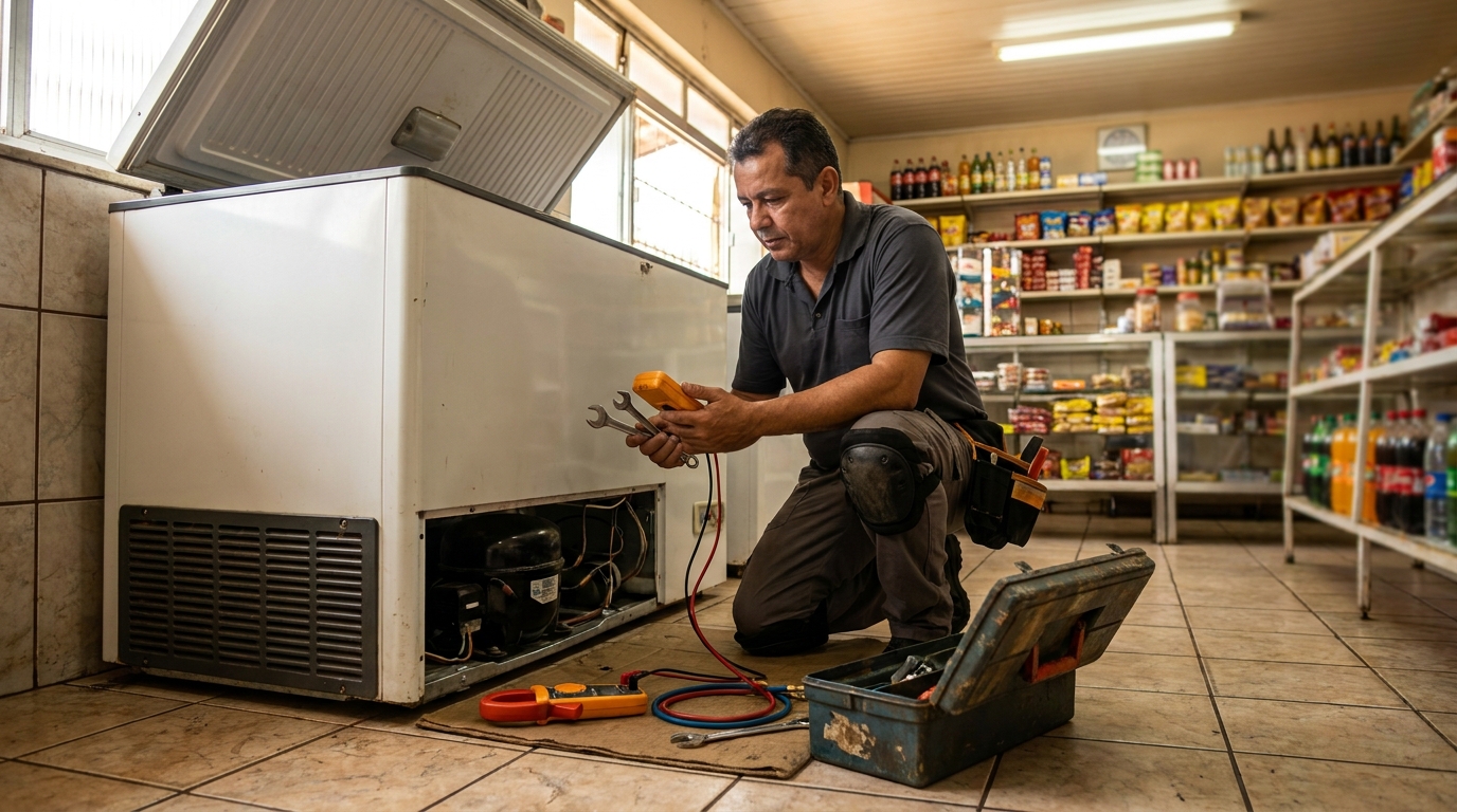 Técnico reparando o motor de um freezer horizontal em Espinheiros, Joinville‑SC