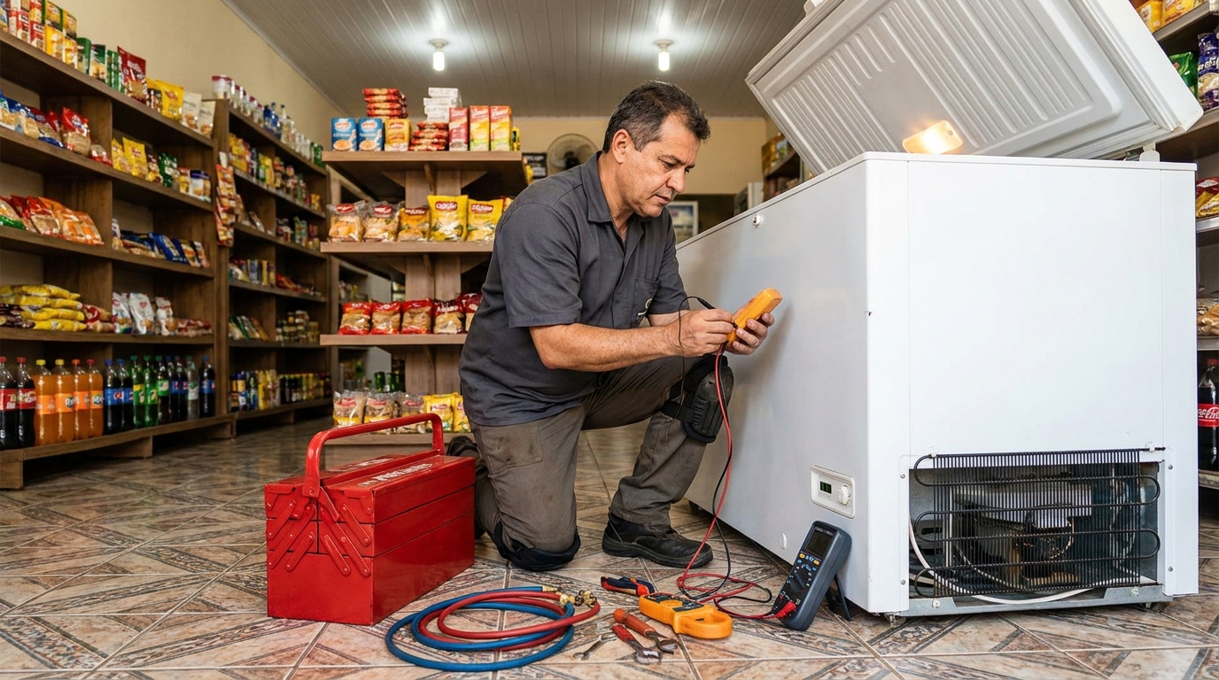 Manômetro conectado ao circuito durante recarga de gás de freezer em Espinheiros, Joinville‑SC