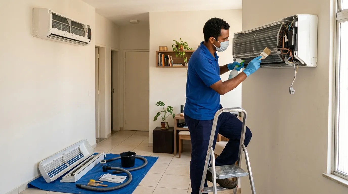 Técnico fazendo manutenção de ar-condicionado split em Joinville‑SC