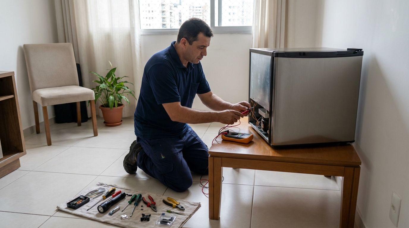 Técnico avaliando um frigobar compacto durante atendimento no Jardim Sofia, Joinville‑SC