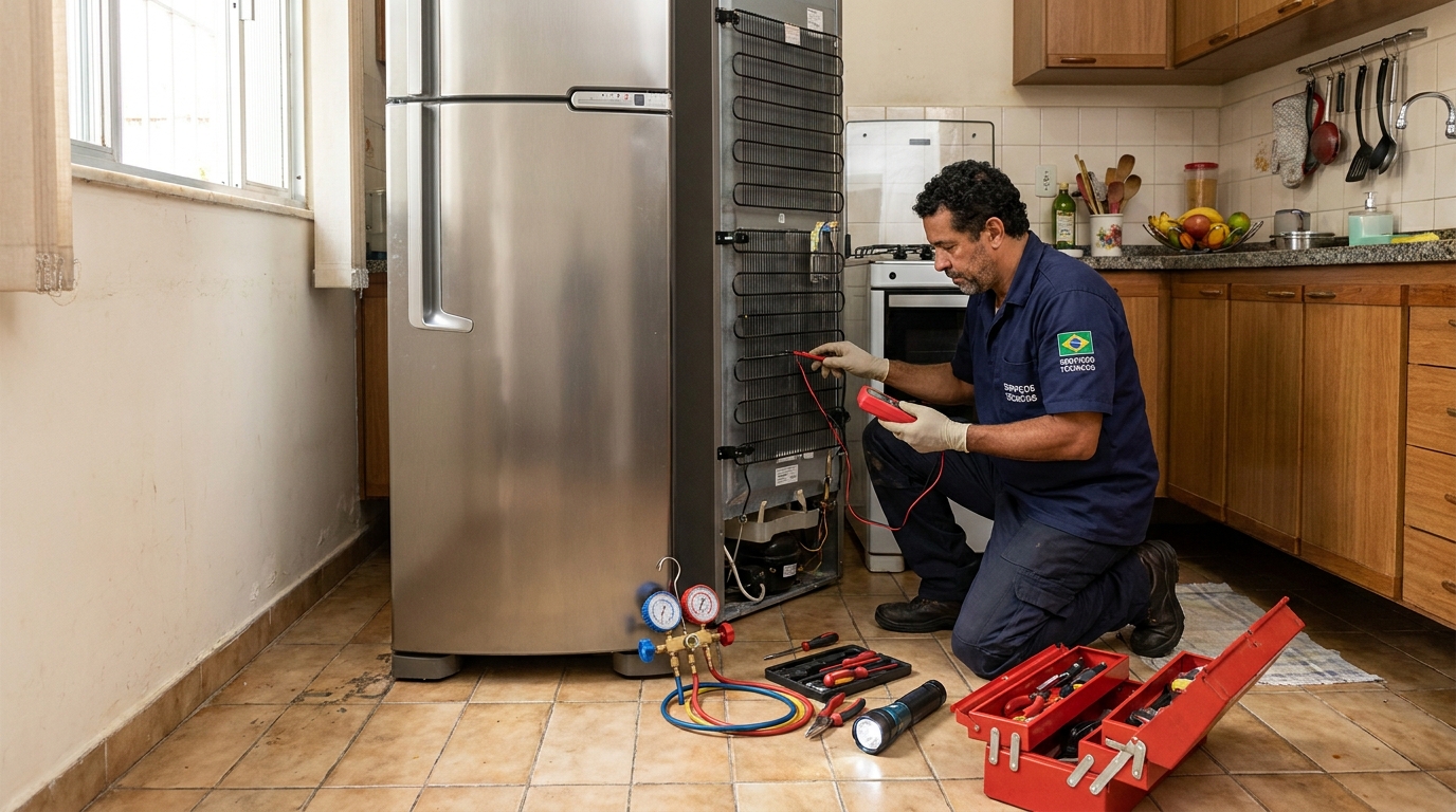 Técnico consertando uma geladeira na casa do cliente no Costa e Silva, Joinville‑SC