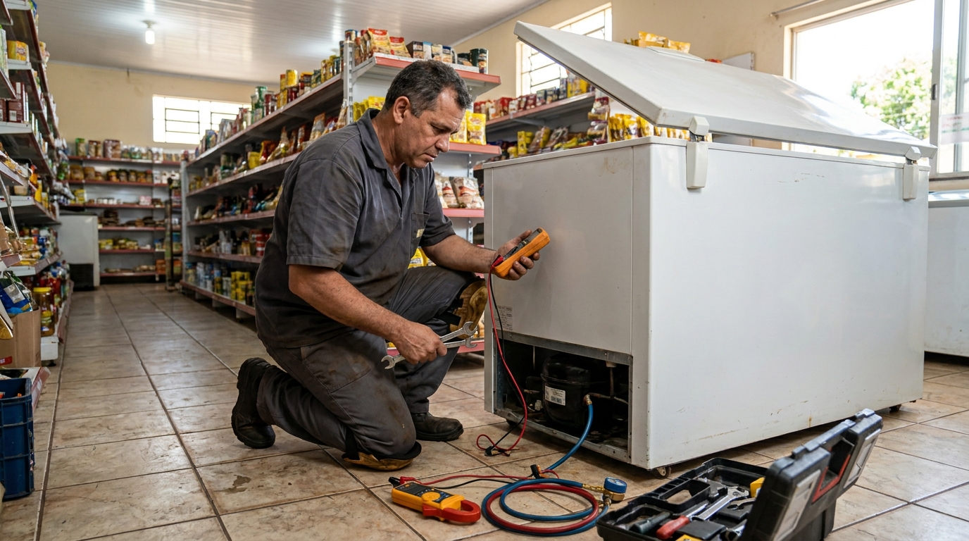Substituição do termostato de um freezer durante visita técnica em Espinheiros, Joinville‑SC